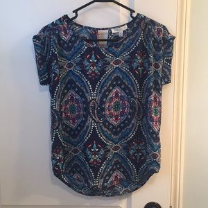 Blue Paisley-Like Flowy Short-Sleeved Shirt